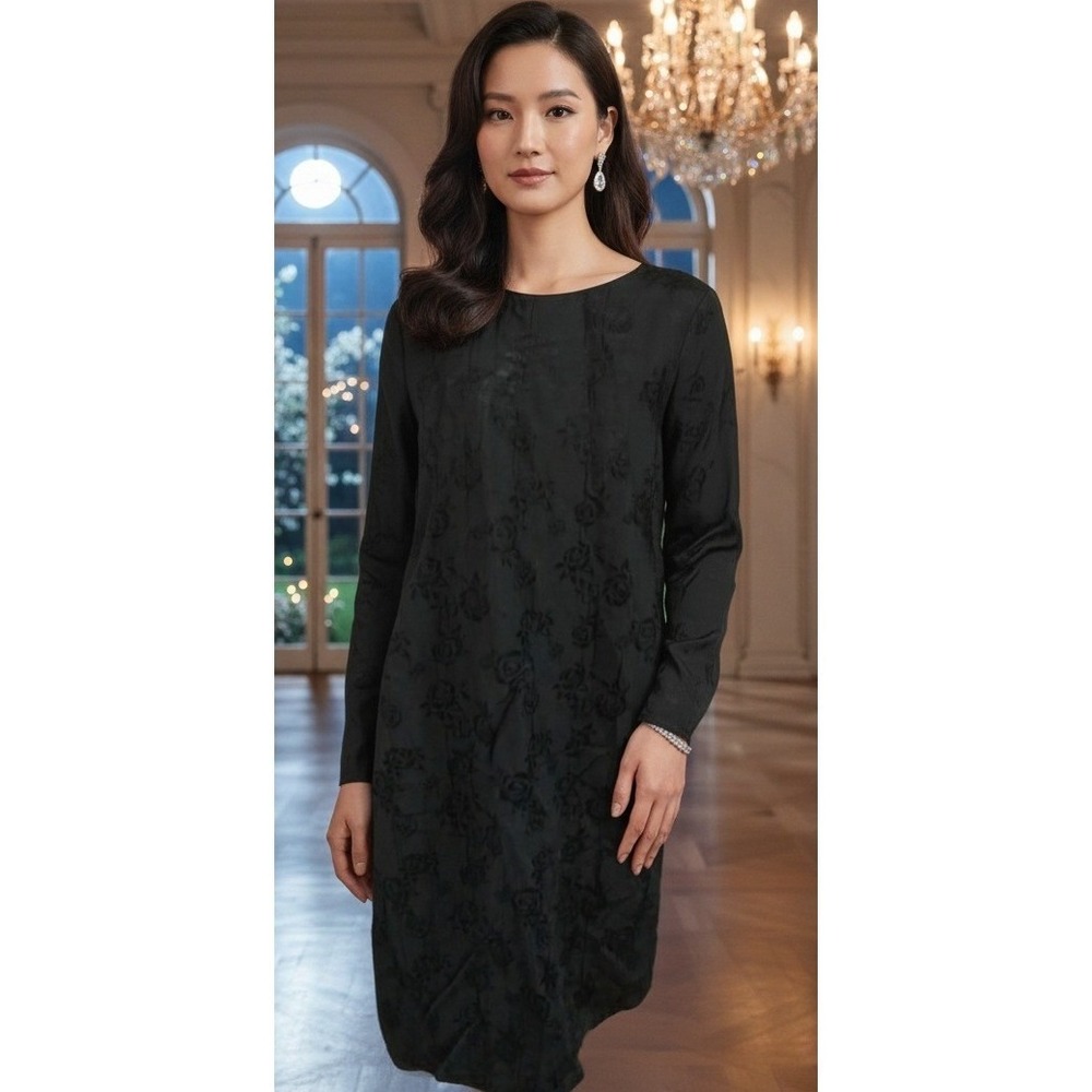 Thin Air Jacquard Maxi Dress Womens Sz Small Linen Black Rose Y2K Gothic Vintage